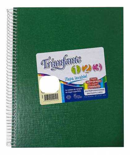 Cuaderno Triunfante 123 Forrado 21x27 C/esp 100 Hjs Cuadriculado Verde