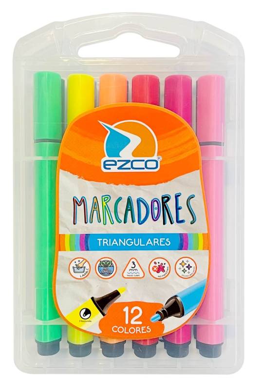 Marcadores Ezco Triangular X 12 Colores En Valija