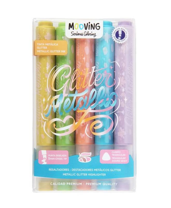 Resaltador Mooving Metálico Glitter Estuche X 5 Un 3051605
