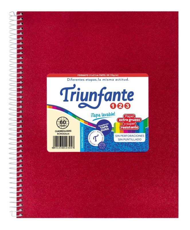 Cuaderno Triunfante Forrado 21X27 C/Esp 60 Hjs Cuadriculado Bordo
