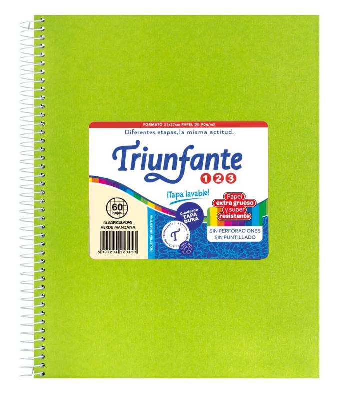 Cuaderno Triunfante Forrado 21X27 C/Esp 60 Hjs Cuadriculado Verde Mza