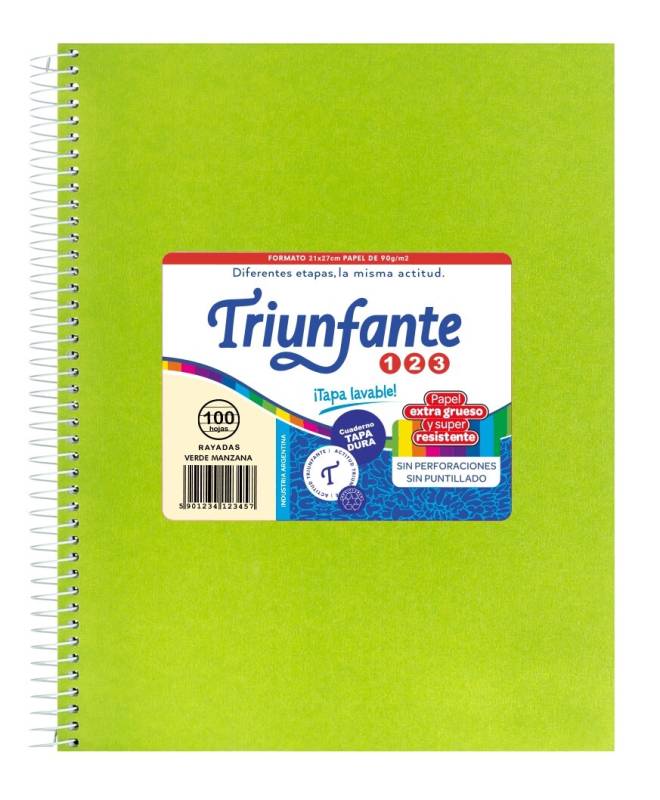 Cuaderno Triunfante Forrado 21X27 C/Esp 100 Hjs Rayado Verde Mza